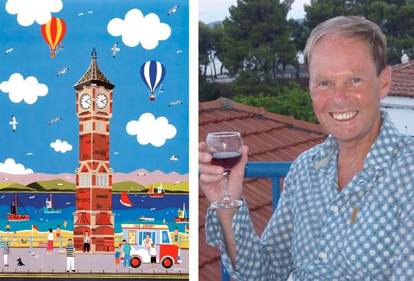 colourful painting of Morecambe clock tower and photo of Chas Jacobs.